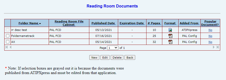 Table displaying reading room documents with details like folder names and publication dates.